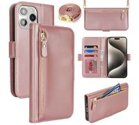 Lipvina Coque en Cuir Premium pour iPhone 15 Pro Max - Étui Portefeuille avec Sangle Réglable, Porte-Cartes, Protection Complète et Design Élégant - Rose