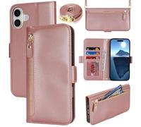 Lipvina Coque en Cuir Premium pour iPhone 16 - Étui Portefeuille avec Sangle Réglable, Porte-Cartes, Protection Complète et Design Élégant - Rose