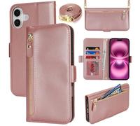Lipvina Coque en Cuir Premium pour iPhone 16 Plus - Étui Portefeuille avec Sangle Réglable, Porte-Cartes, Protection Complète et Design Élégant - Rose