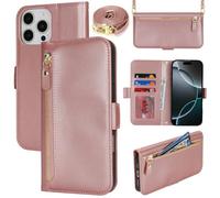 Lipvina Coque en Cuir Premium pour iPhone 16 Pro - Étui Portefeuille avec Sangle Réglable, Porte-Cartes, Protection Complète et Design Élégant - Rose