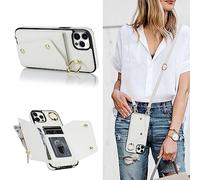 Lipvina Coque iPhone 14 Pro Max avec Cordon et Porte Carte,Poche Zippée,Blocage RFID, étui Réglable avec Cordon et Anneau pour téléphone Portable,pour Femmes(6,7 Pouces, Blanc)