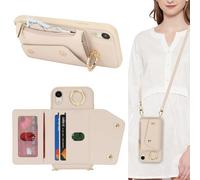 Lipvina Coque pour iPhone XR avec Cordon Porte Carte Coque iPhone XR zippé Portefeuille Femme Telephone Portable Réglable Collier Housse Étui avec Anneau pour Femmes - Blanc