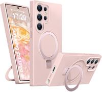 Liquid Silicone Case For Samsung Galaxy S23 Ultra, Magnetic Stand Ring, 4-Layer Shockproof Protective Case, Anti-Scratch Soft Microfiber Lining For Samsung S23u (Rosa)