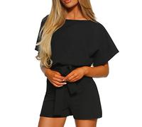 Liquidation Combishort Femme Romper Combinaison Short Chic Robe Plage D'Été avec Ceinture Couleur Unie Larges à col Rond et à Pantalon Combishort Manches Courtes Jumpsuit