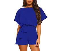Liquidation Combishort Femme Romper Combinaison Short Chic Robe Plage D'Été avec Ceinture Couleur Unie Larges à col Rond et à Pantalon Combishort Manches Courtes Jumpsuit