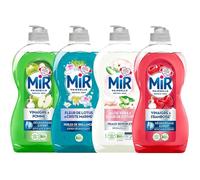 Lot de 4 Liquides Vaisselle MIR 450ml - Vinaigre & Framboise, Vinaigre & Pomme, Aloe Vera & Fleur de Coton, Fleur de Lotus & Criste Marine - Parfumés, Écologiques, Doux pour les mains