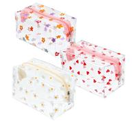 LIQWEI Kawaii Lot de 3 trousses de maquillage transparentes pour filles, motif cœur, marguerite, tournesol, trousse de toilette, en PVC, motif avion