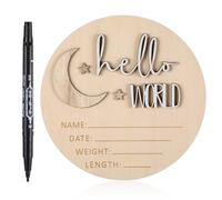 LIQWEI Panneau d'annonce en bois pour bébé - Avec stylo d'écriture - Cartes de jalon - 14,9 cm - Hello World - Panneau de bienvenue rond - Affichage de naissance pour les futurs parents enceintes