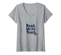Lire, écrire, enseigner : Inspirer Les éducateurs et Les Amateurs de Livres T-Shirt avec Col en V, Femme, Gris Chiné, XL