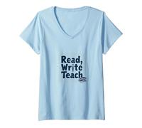 Lire, écrire, enseigner : Inspirer Les éducateurs et Les Amateurs de Livres T-Shirt avec Col en V, Femme, Bleu Céleste, XL
