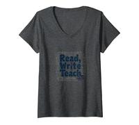 Lire, écrire, enseigner : Inspirer Les éducateurs et Les Amateurs de Livres T-Shirt avec Col en V, Femme, Chiné Foncé, M