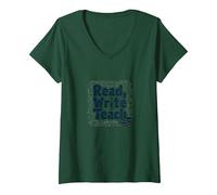 Lire, écrire, enseigner : Inspirer Les éducateurs et Les Amateurs de Livres T-Shirt avec Col en V, Femme, Vert Forêt, M
