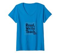 Lire, écrire, enseigner : Inspirer Les éducateurs et Les Amateurs de Livres T-Shirt avec Col en V, Femme, Saphir, XXL