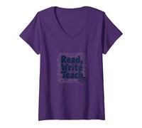 Lire, écrire, enseigner : Inspirer Les éducateurs et Les Amateurs de Livres T-Shirt avec Col en V, Femme, Violet, XL