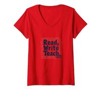 Lire, écrire, enseigner : Inspirer Les éducateurs et Les Amateurs de Livres T-Shirt avec Col en V, Femme, Rouge, XL