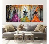LIRHIQYGF Décoration murale 3 pièces Sorcières, Impression sur toile Silhouette Arbre d'automne, Décoration intérieure Sorcière Forêt Mystique (50x70cmx3/Avec cadre)