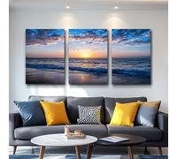 LIRHIQYGF Ensemble de 3 toiles décoratives murales, photos de lever et coucher de soleil sur la plage, vagues de l'océan, paysage marin (40 x 60 cm x 3 / sans cadre)