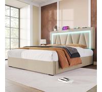 LIRHIQYGF Lit Coffre 160 x 200 cm - Fonction de Charge USB Type C - Éclairage LED - Lin Beige - Assemblage requis - Matelas Non Inclus