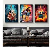 LIRHIQYGF Tableau mural en 3 parties sur toile, décoration murale guitare, piano et batterie, impression musicale abstraite à l'huile (40 x 60 cm x 3 / avec cadre)