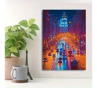 LIRHIQYGF Tableau nocturne représentant une rue animée du centre-ville, impression sur toile représentant les lumières violettes et bleues de la ville (20 x 30 cm/avec cadre)