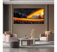 LIRHIQYGF Tableau sur toile, Impression de paysage de coucher de soleil sur un champ de fleurs dorées, Décoration murale champêtre sombre et mystérieuse (40x80cm/Sans cadre)