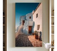 LIRHIQYGF Tableau sur toile, Impression d'une ville côtière espagnole, Décoration murale d'une maison blanchie à la chaux et ensoleillée (50x70cm/Avec cadre)