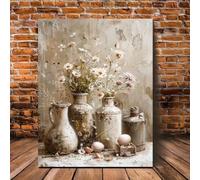 LIRHIQYGF Tableau sur toile rustique de style champêtre, nature morte de marguerites blanches et de fleurs sauvages dans des vases vintage (40 x 60 cm/sans cadre)