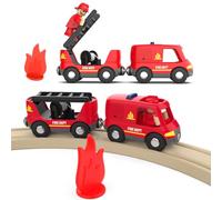 LiRiQi Camion de Pompiers Son et Lumière, Ensemble de Jouets Magnétique de Train Enfant, Circuit Train des Pompiers Compatible avec Brio, Thomas et Rails en Bois, Jouet pour Tout-Petits garçons filles