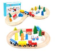 LiRiQi Circuit Train Enfant, 33 pièces Ensemble Circuit de Train en Bois pour Tout-Petits, Rails en Bois, Thème Ville Urbain Compatible ave Thomas Brio, Cadeaux pour Garçons Filles 3 4 5 6 7 Ans