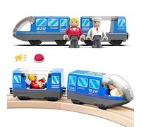 LiRiQi Train de locomotives à Piles, Ensemble de Jouets Magnétique électrique pour Voie Ferrée en Bois Compatible avec Thomas, Brio, Jouets pour Tout-Petits Enfants garçon, Bleu