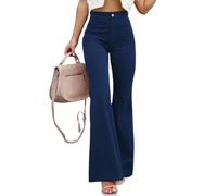 LIROMA Pantalon en Coton Velours Côtelé Femme Vintage Pantalon Palazzo Taille Haute Élastique Solide Élégant Slim Bell Bottom Automne Dames Jambe Large Flare Pantalon Long Y2K Streetwear Bleu M