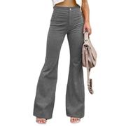LIROMA Pantalon en Coton Velours Côtelé Femme Vintage Pantalon Palazzo Taille Haute Élastique Solide Élégant Slim Bell Bottom Automne Dames Jambe Large Flare Pantalon Long Y2K Streetwear,Gris,S