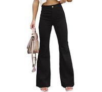 LIROMA Pantalon en Velours Côtelé Femme Vintage Pantalon Palazzo Taille Haute Élastique Solide Élégant Slim Bell Bottom Automne Dames Jambe Large Flare Pantalon Long Y2K Streetwear,Noir,L
