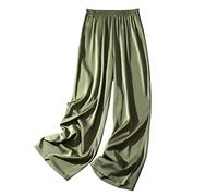 LIROMA Pantalon Femme Fluide,Pantalon Large en Satin pour Femme Mode Uni Pantalon Smocké À La Taille Extensible Pantalon Palazzo Élégant Pantalon D'Été Léger Et Confortable Pantalon À Jambe Droite
