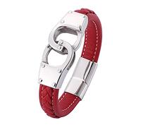 LIRU Bracelet Cuir Femme,Bracelets pour Homme Silveryr Punk Menottes Design Bracelet en Cuir Tressé Accessoires De Mode Boucle Bracelet en Cuir Rouge Charme Bijoux pour Femmes Hommes Cadeau,185Mm