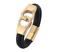 LIRU Gourmette Homme,Bracelet en Cuir Or Punk Menottes Design Bracelet en Cuir Tressé Accessoires De Mode Boucle Bracelet en Cuir Noir Charme Bijoux pour Femmes Hommes Cadeau,165Mm