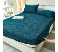 Lirzxin Drap de Housse 180x200 cm, Drap-Housse Couleur Unie avec Rhombe Fleurs Feuilles Texturé Hiver Draps Housses Reglable Flanelle Anti-Poussière, Doux et Durable, Bleu Foncé Vert
