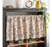 Lirzxin Rideaux Cantonnière, Polyester Coton Rideau Fenetre Motif Fleur Vintage avec Pompons Rideau Semi Occultant pour Bistrot, Cuisine, Salon, 150x45CM, Beige Noir, 1 Pièce
