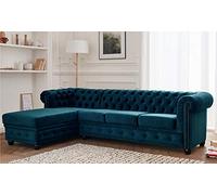 Lisa Design - Canapé Chesterfield d'angle Gauche - William en Velours - Sofa Bleu Canard 4 Places - Salon Chesterfield