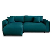 Lisa Design - Canapé d'angle Convertible avec Coffre Réversible Camelia en Velours - Canapé Lit - Sofa Bleu Canard 4 Places - Angle Droit - ou Gauche - Salon