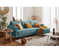 Lisa Design - Canapé d'angle Convertible avec Coffre Réversible Charlie en Velours Côtelé - Canapé Lit - Sofa Bleu 4 Places - Angle Droit - ou Gauche - Salon