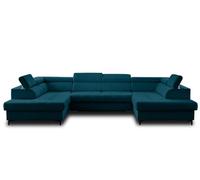 Lisa Design - Canapé Panoramique en U Convertible avec Coffre Merida en Velours - Canapé Lit - Grand Sofa XXL Bleu Canard 7 Places - Têtières Réglables - Salon