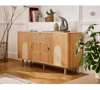 Lisa design - Buffet bas Milazzo - Bois plaqué chêne et cannage - 3 tiroirs, 2 portes - 160 cm