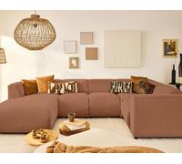 Suaro - Canapé modulable panoramique d'angle droit 7 places en tissu texturé - Terracotta