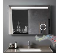 LISA Miroir salle de bain lumineux 100 x 70 cm miroir mural LED salle de bain avec eclairage - Bluetooth, Anti-buée, 3 Lumières Couleurs Dimmables, Horloge, Prise, Loupe 3X, Rectangulaire, tactile