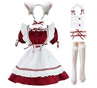 LISANEK Tenue de soubrette Lolita Costume de soubrette en peluche avec oreilles de chat, Rouge, Small