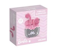 Lisciani - Barbie Wireless Earphones - Ecouteurs Audio sans Fil Stylé - Rose avec Etui Graphique Noir & Blanc - Volume Sécurisé - Batterie Rechargeable - Confort Ajustable - Bluetooth Compatible