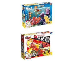 LISCIANI - LOT 2 Puzzles Disney 2 en 1 - Némo (Géant 70x50cm) + Cars - 60 Pièces Chacun - Double Face à Colorier - Feutres Inclus - Jeux Éducatifs Enfants 3-4+ Ans - Fabriqué en Italie