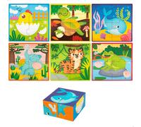 Lisciani - Cubes et Puzzles - Jeu Éducatif en Bois et Carton - Dès 2 Ans | Dextérité et Observation - 6 Puzzles Animaux à Reconstituer - 4 Cubes Naturels à Empiler - Manipulation Simple et Guidée