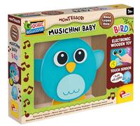 Lisciani - Montessori Baby Bois - Oiseau Musical en Bois - Dès 9 Mois | Mélodies et Lumières Via Capteurs Tactiles - Éveil des Sens Progressif - Jeu Électronique en Bois - Attache pour Suspendre